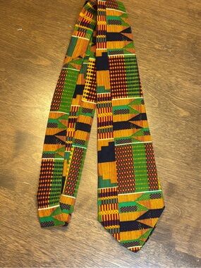 Vintage 90s African Print Kente Pattern Men’s Tie - Green, Yellow, Black